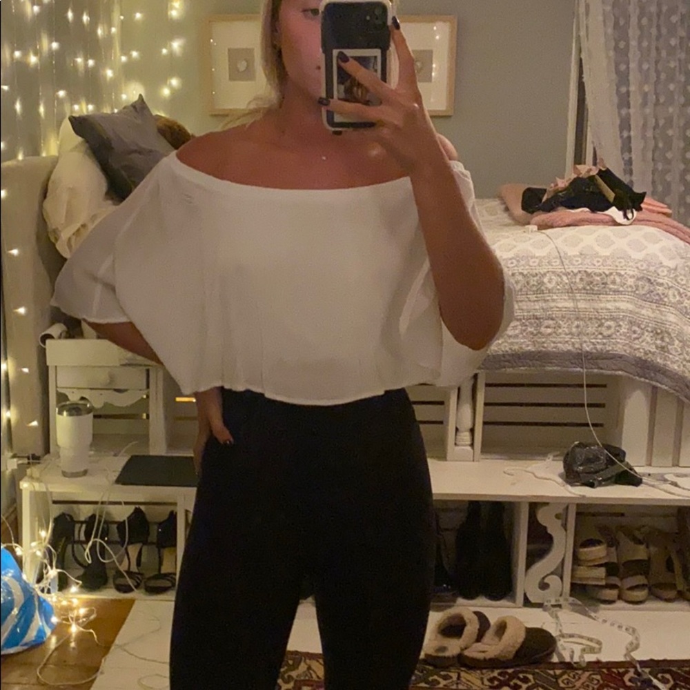 white strapless flowy top